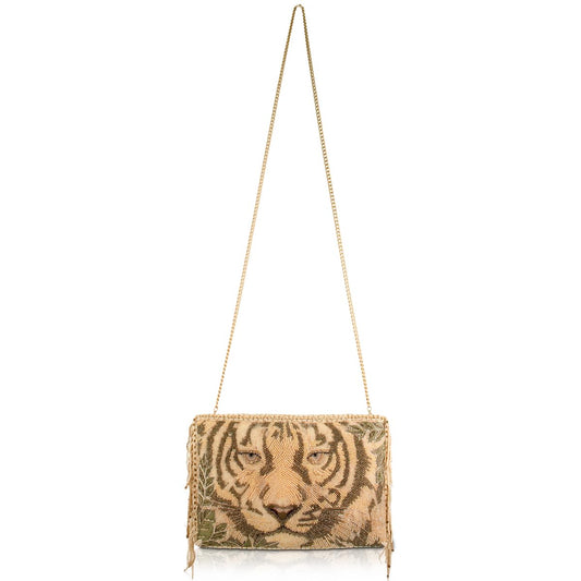 Mary Frances Savage crossbody bag, tiger design, beige purse