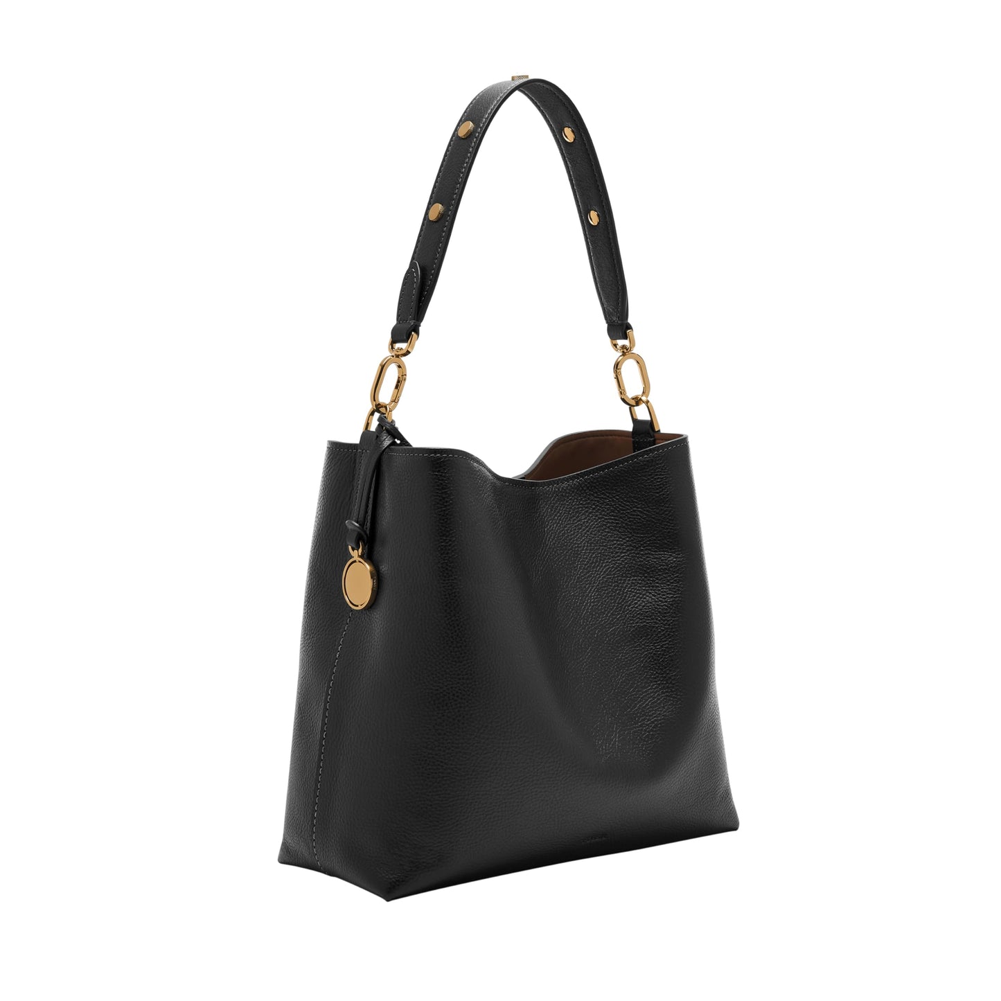 Fossil Jessie bucket bag, black leather, stylish shoulder handbag