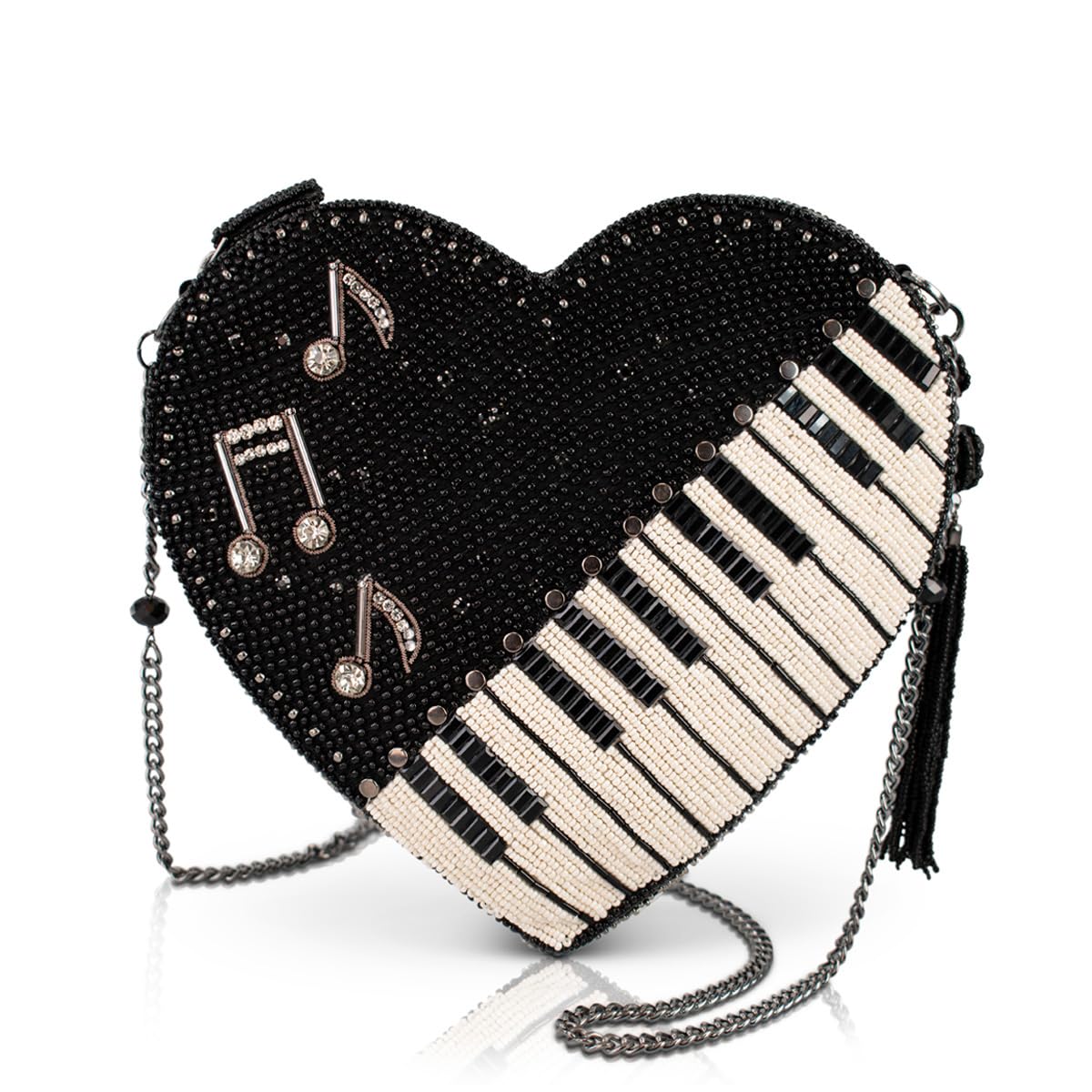 Mary Frances Heart Beat crossbody bag, beaded strap, zipper closure, black
