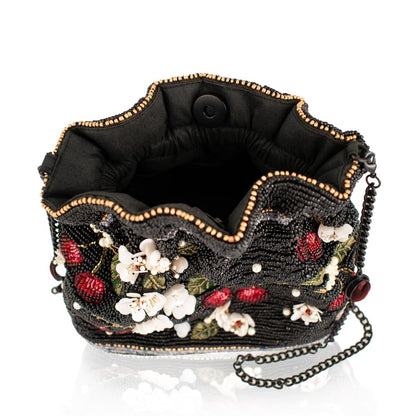 Mary Frances Sweet & Tart crossbody bag, beaded strap, compact black purse
