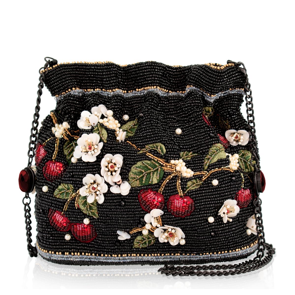 Mary Frances Sweet & Tart crossbody bag, beaded strap, compact black purse