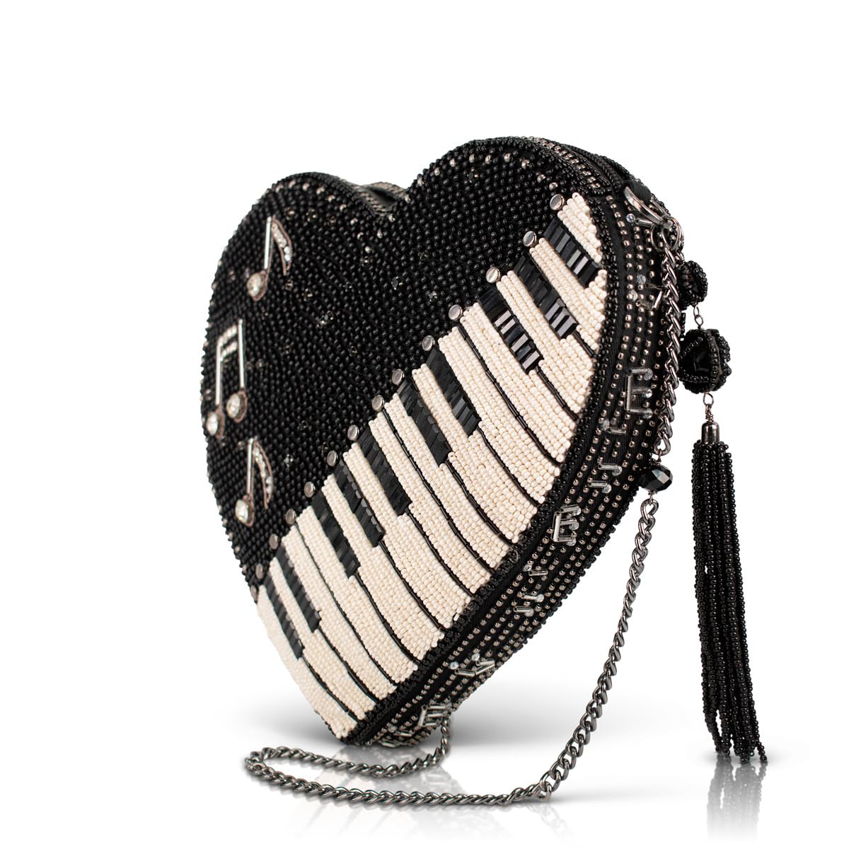 Mary Frances Heart Beat crossbody bag, beaded strap, zipper closure, black