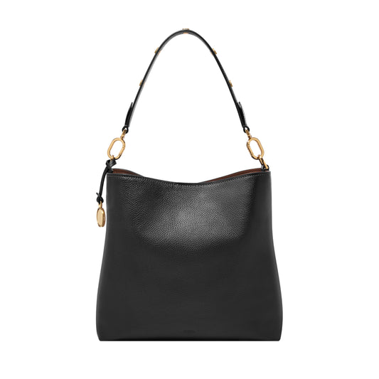 Fossil Jessie bucket bag, black leather, stylish shoulder handbag