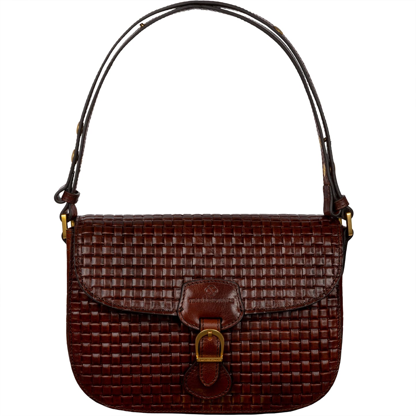 Time Resistance leather shoulder bag, magnetic closure, brown saddle handbag