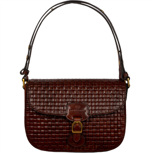 Time Resistance leather shoulder bag, magnetic closure, brown saddle handbag