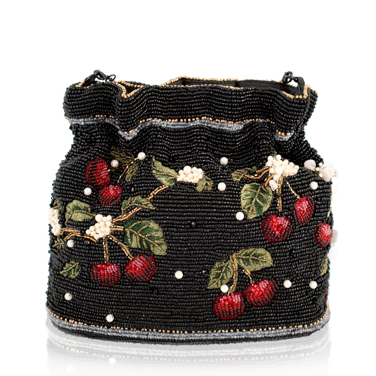 Mary Frances Sweet & Tart crossbody bag, beaded strap, compact black purse