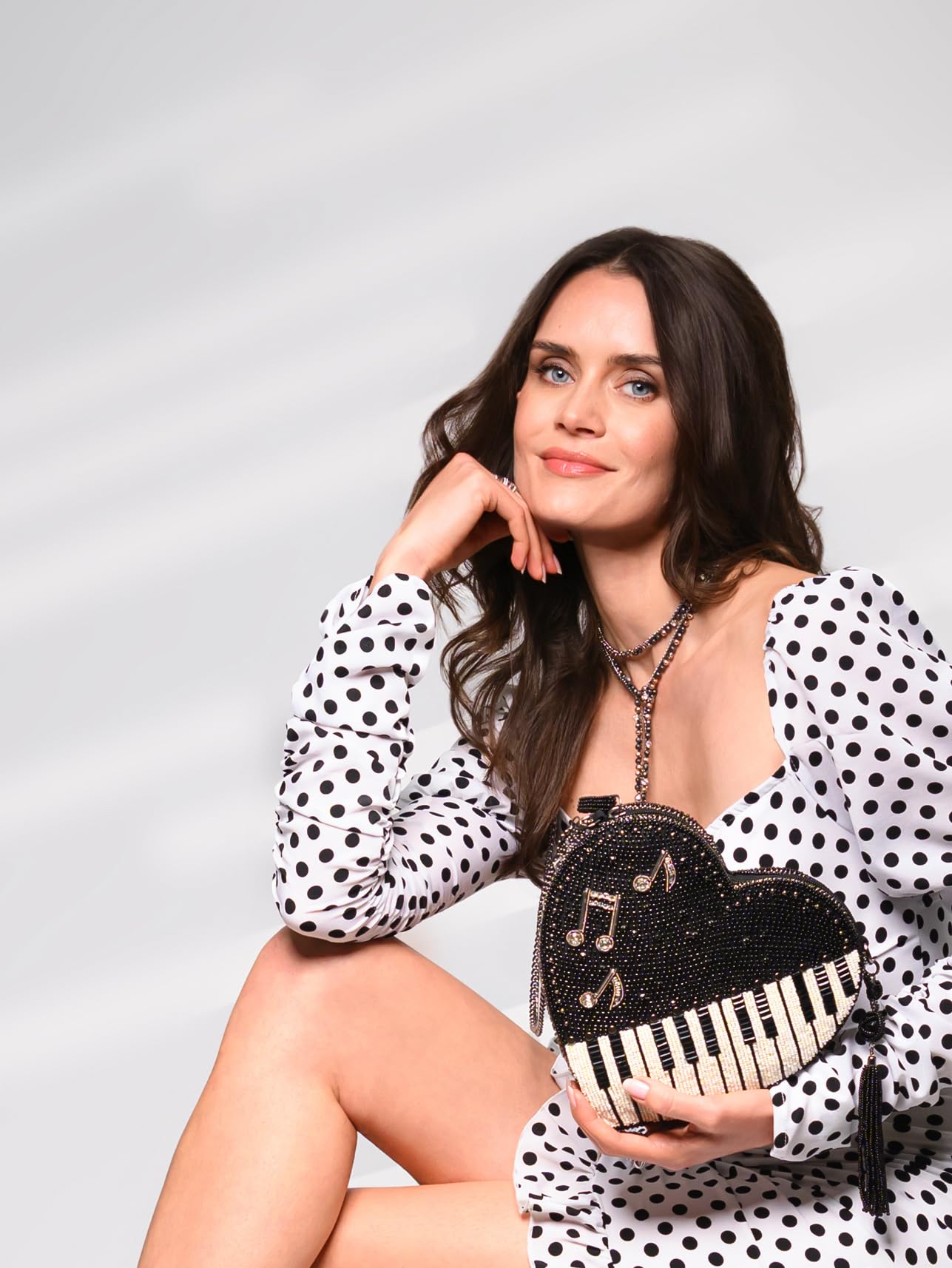 Mary Frances Heart Beat crossbody bag, beaded strap, zipper closure, black