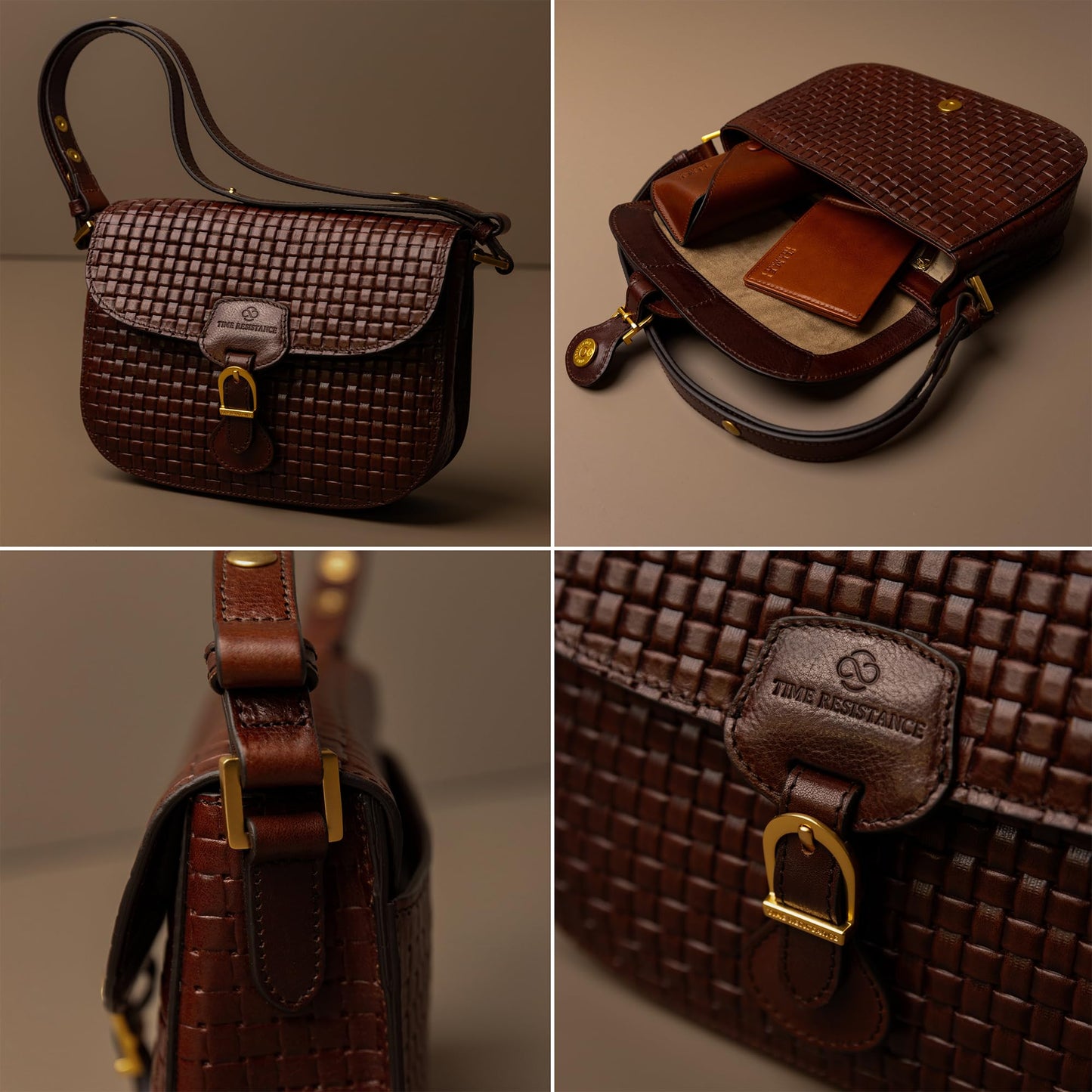 Time Resistance leather shoulder bag, magnetic closure, brown saddle handbag