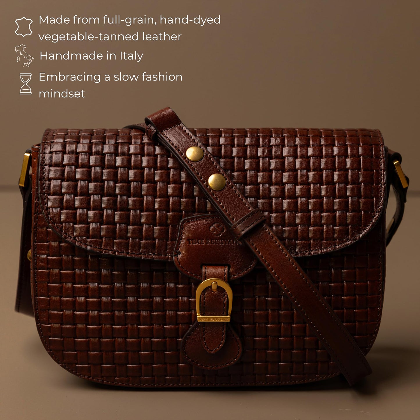 Time Resistance leather shoulder bag, magnetic closure, brown saddle handbag