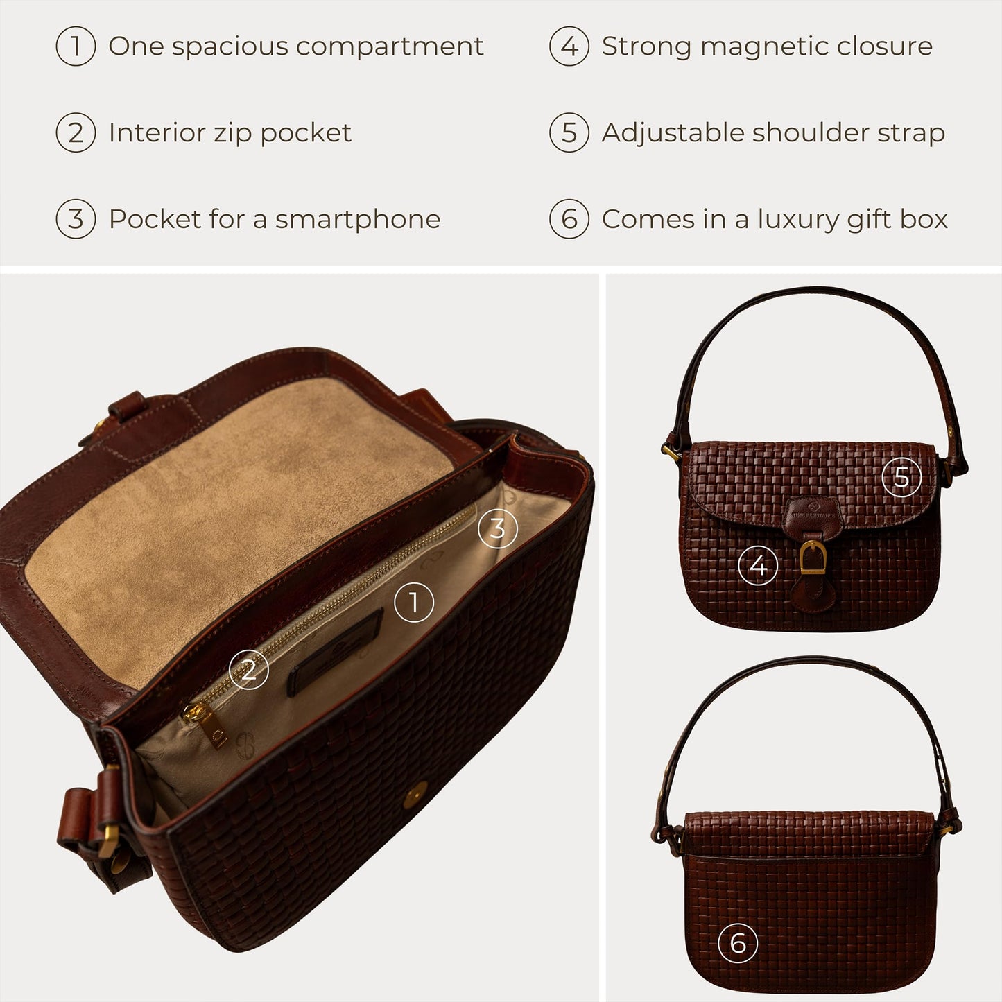 Time Resistance leather shoulder bag, magnetic closure, brown saddle handbag